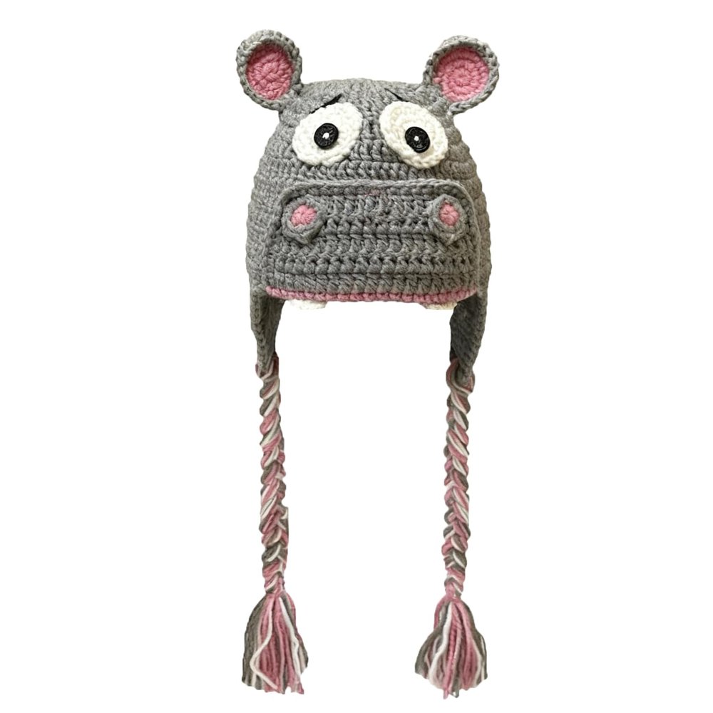 BOMHCS Hippo Earflap Beanie Halloween Funny Animal Eyes Ears Braid Earmuff Hats, Grey, Small