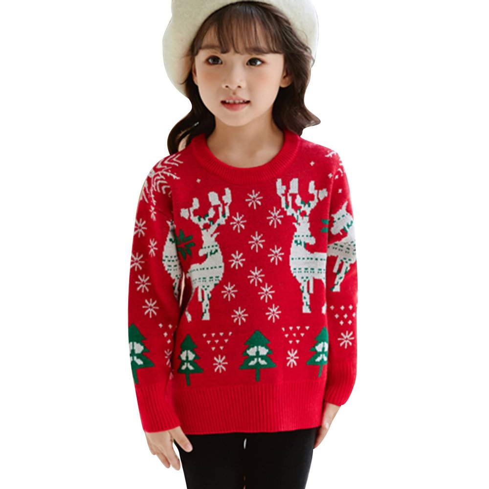 Christmas Cartoon Prints Sweater Toddler Children Boys Girls' Knitted Long Sleeve Pullover Crewneck Warm Sweater (Red, 9-10 Years)