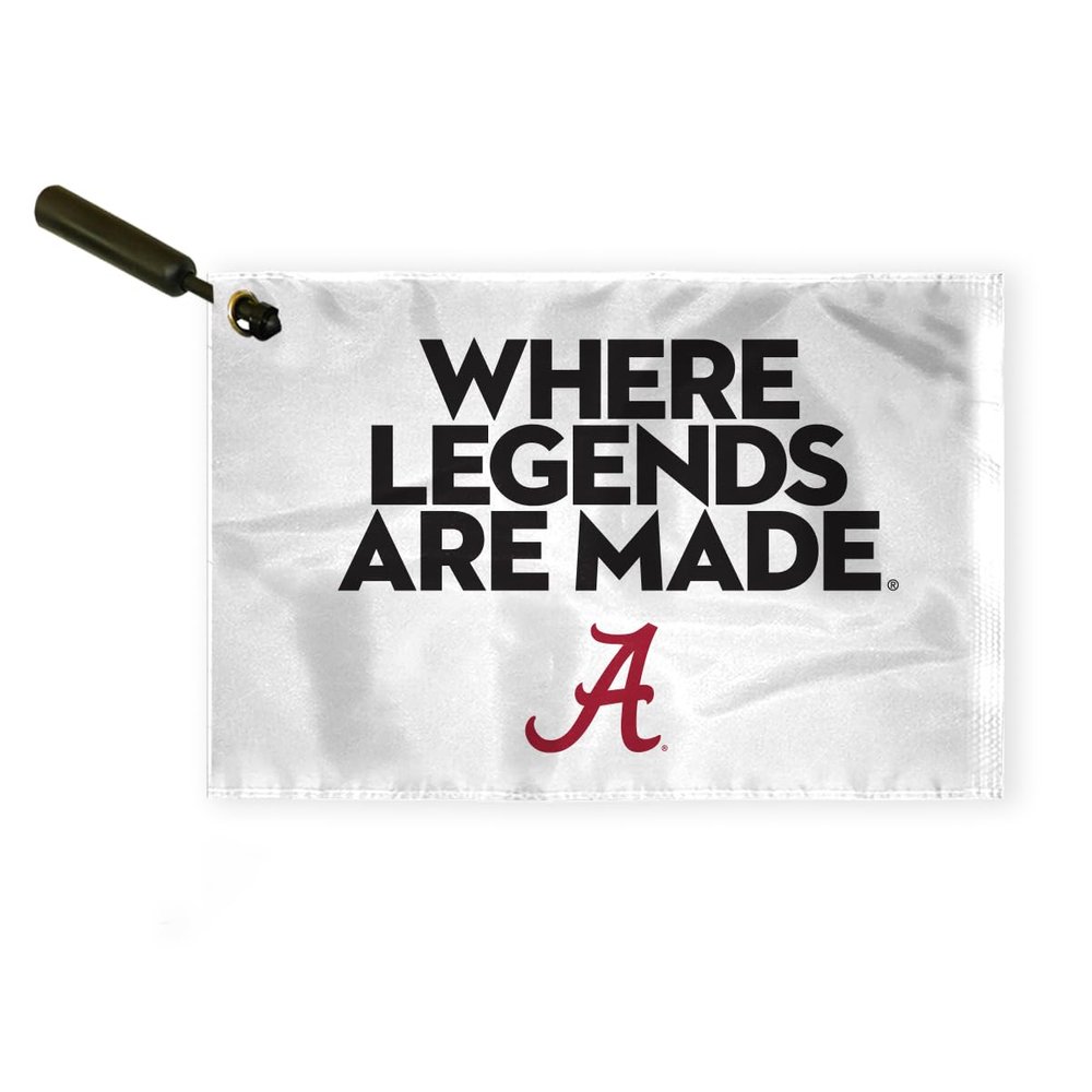 AGAS Alabama Collegiate Plastic Swirler Flag - 12x18 Inch | Where Legends Are Made White Logo | Double Layered 2 Ply Nylon | Built-in Plastic Swirler Handle Bar | Double Stitched Corners & Double Folded Ends | Reads Correctly on Both Sides