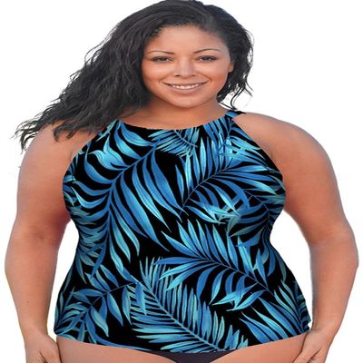 Always For Me Blue Palms Plus Size High Neck Tankini Top Size 16W
