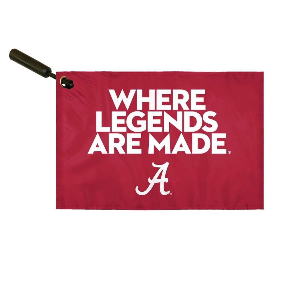 AGAS Alabama Collegiate Plastic Swirler Flag - 12x18 Inch | Where Legends Are Made Red Logo | Double Layered 2 Ply Polyester | Built-in Plastic Swirler Handle Bar | Double Stitched Corners & Double Folded Ends | Reads Correctly on Both Sides