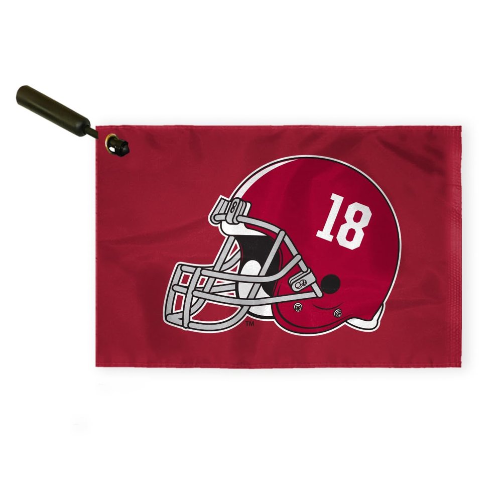 AGAS Alabama Collegiate Plastic Swirler Flag - 12x18 Inch | Alabama 18 Football Helmet Logo | Single Layered 1 Ply Nylon | Built-in Plastic Swirler Handle Bar | Double Stitched Corners & Double Folded Ends