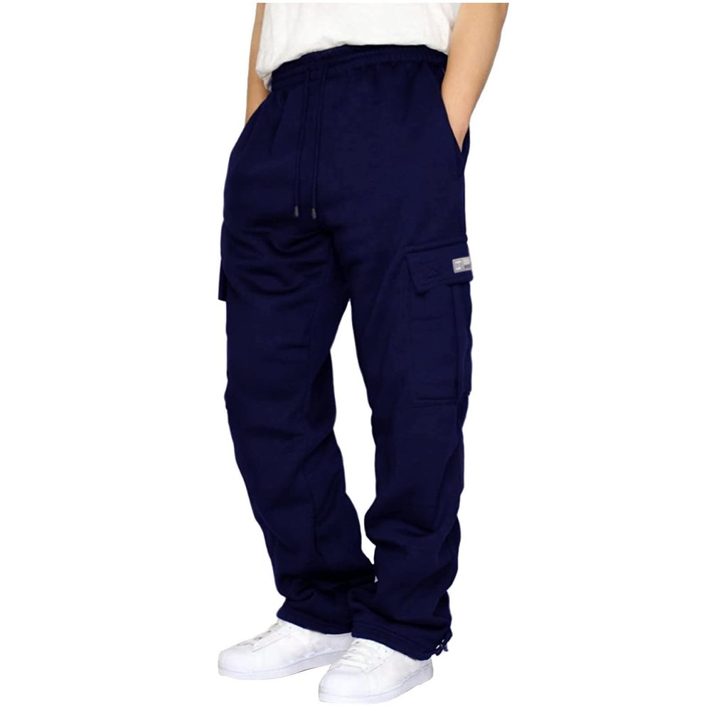 Mens Fleece Cargo Jogger Sweatpants for Adult Drawstring Loose Fit Joggers Sweat Pants with Pockets Navy