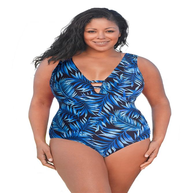 Always For Me Blue Palms Plus Size Double V Plunge One Piece Swimsuit Size 22W