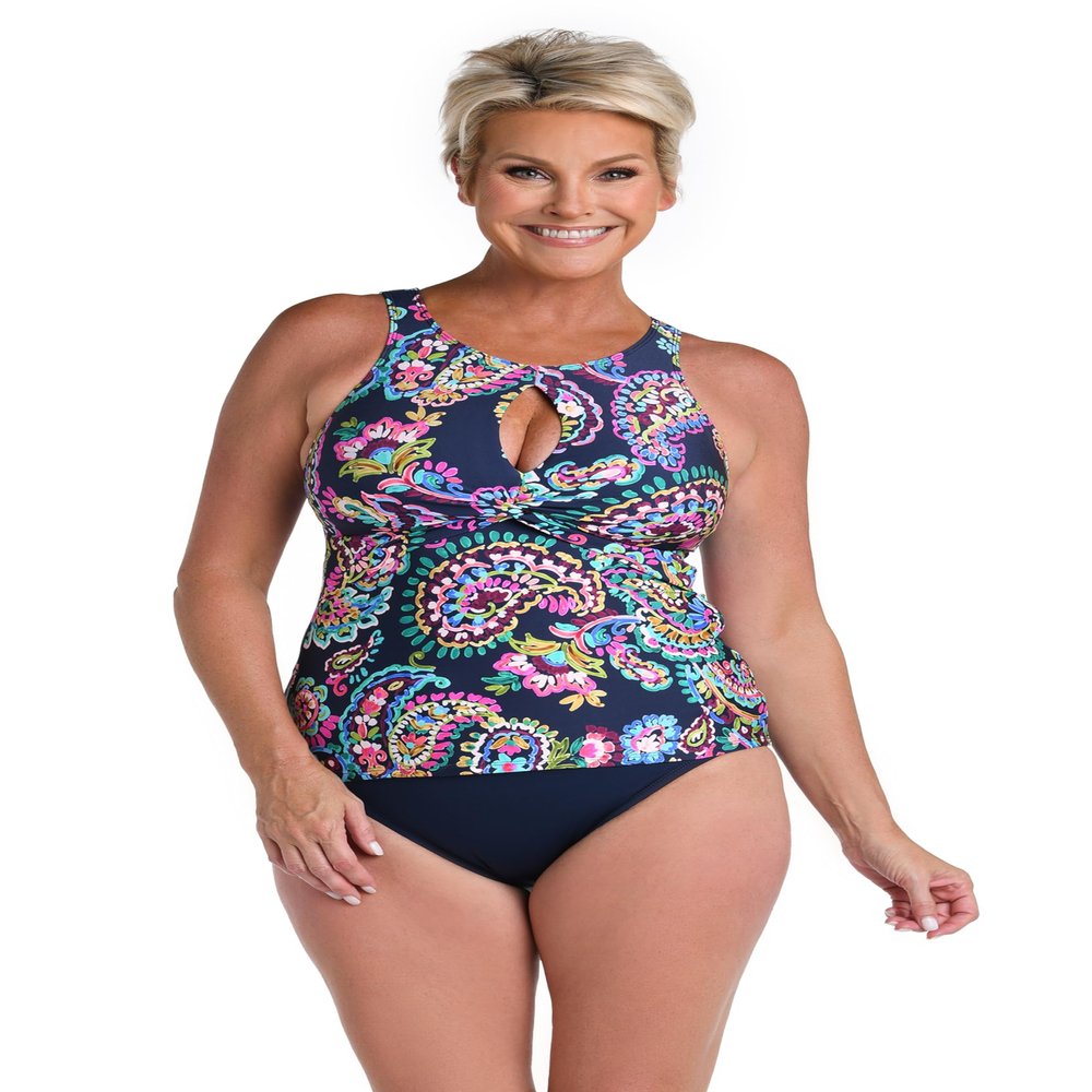 24th & Ocean Women's Standard Cut Out Twist Tankini Swimsuit Top, Midnight//Painted Paisley