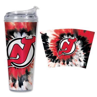 Rico Industries NHL Hockey New Jersey Devils Team Color Tie Dye 24oz Metallic Acrylic Tumbler with Hinged Lid, Officially Licensed Double Wall Tumbler with Straw