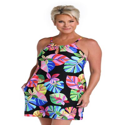 24th & Ocean Women's High Neck Dress Swimsuit Cover Up, Multi//Tropiflage, Small