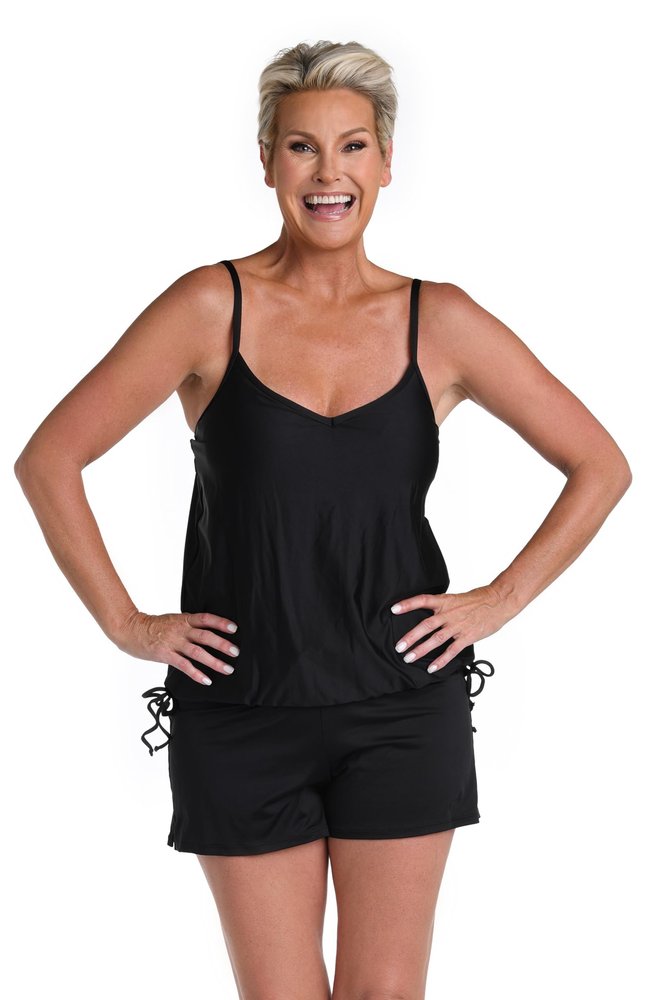 24th & Ocean Women's Side Tie Tankini Swimsuit Top, Black//Solids, Small