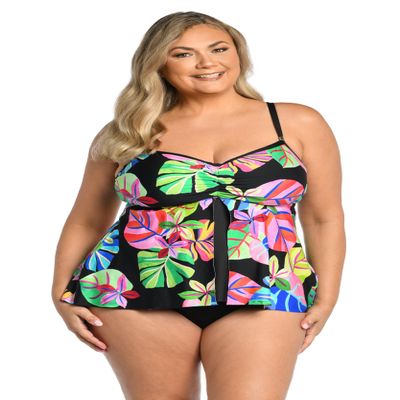 24th & Ocean Women's Flyaway Front Tankini Swimsuit Top, Multi//Tropiflage, Medium