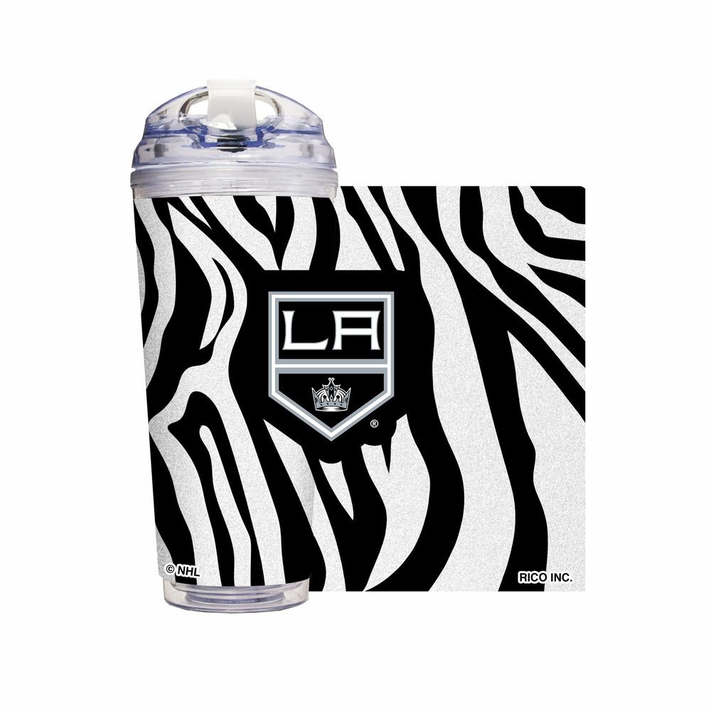 Rico Industries NHL Hockey Los Angeles Kings Zebra Stripes 24oz Acrylic Glitter Tumbler with Hinged Lid, Officially Licensed Double Wall Tumbler with Straw