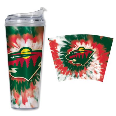 Rico Industries NHL Hockey Minnesota Wild Team Color Tie Dye 24oz Metallic Acrylic Tumbler with Hinged Lid, Officially Licensed Double Wall Tumbler with Straw