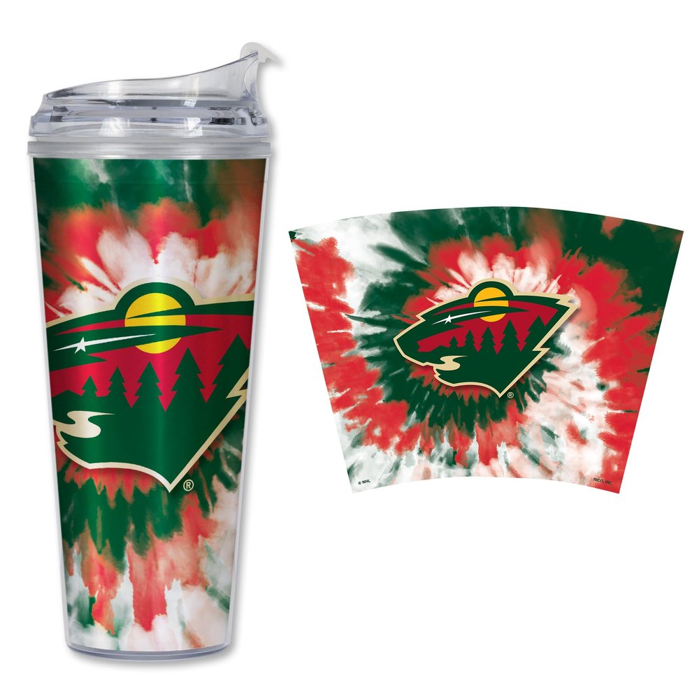 Rico Industries NHL Hockey Minnesota Wild Team Color Tie Dye 24oz Metallic Acrylic Tumbler with Hinged Lid, Officially Licensed Double Wall Tumbler with Straw