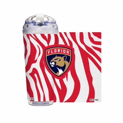 Rico Industries NHL Hockey Florida Panthers Zebra Stripes 24oz Acrylic Glitter Tumbler with Hinged Lid, Officially Licensed Double Wall Tumbler with Straw