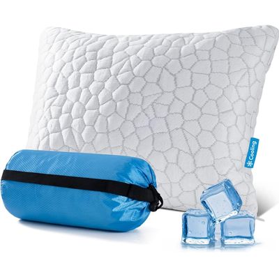QUTOOL Small Travel Pillows for Sleeping, Cooling Memory Foam Camping Pillow, Backpacking for Hiking Gear, Portable Pillow with Travel Storage Bag, Camping Essentials for Adults Kids