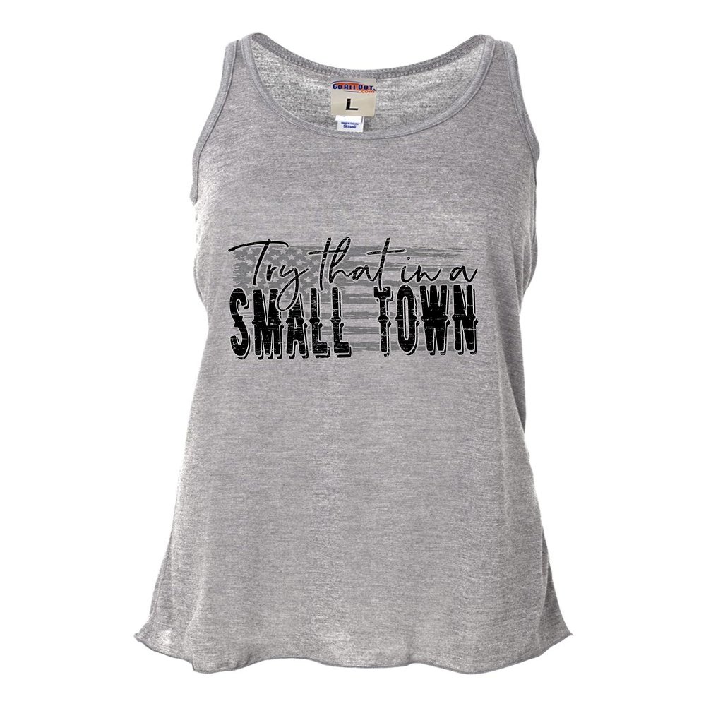 Large Heather Grey Women Flowy USA American Flag Try That in A Small Town Sleeveless Tank Top T-Shirt