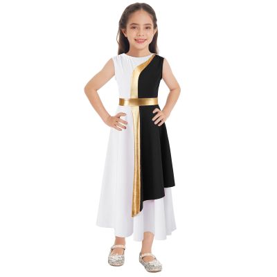 FEESHOW Girls Kids Metallic Ballet Liturgical Praise Dance Dress Lyrical Dancewear Color Block Robe Worship Black A 14 Years