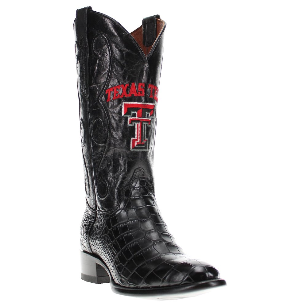 Vaccari Men's James Hand-Corded Top Texas Tech Embroidery Black Gator Belly Leather Round Toe Cowboy Boots - 8 EE