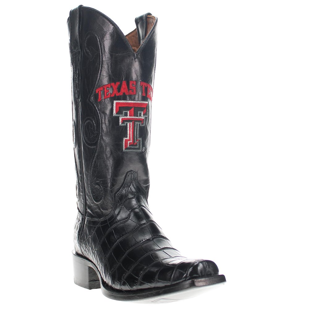 Vaccari Men's James Hand-Corded Top Texas Tech Embroidery Black Gator Belly Leather Narrow Square Toe Cowboy Boots - 9.5 D