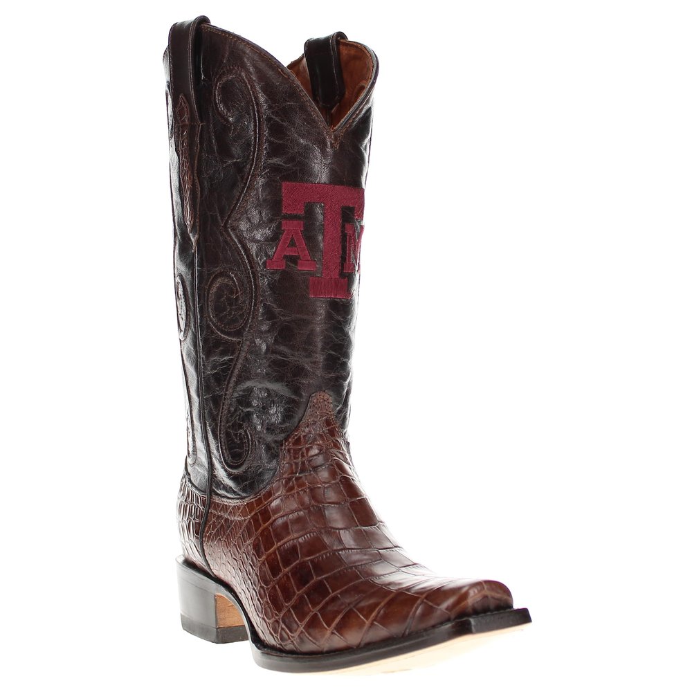 Vaccari Men's James Hand-Corded Top Texas A&M Embroidery Mocha Gator Belly Leather Narrow Square Toe Cowboy Boots - 12 EE
