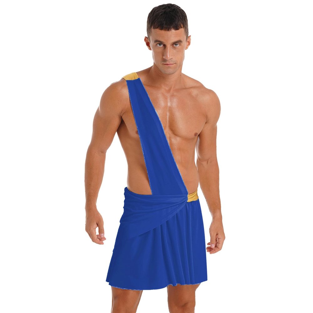YOOJIA Men Toga Costume Ancient Greek God Ruffle Skirt Caesar Cosplay Party Roman Fancy Dress Blue Small