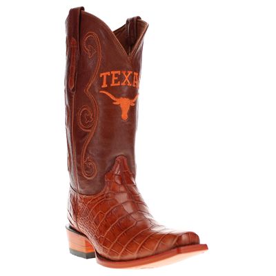 Vaccari Men's James Hand-Corded Top UT Longhorns Embroidery Cognac Gator Belly Leather Narrow Square Toe Cowboy Boots - 11 EE