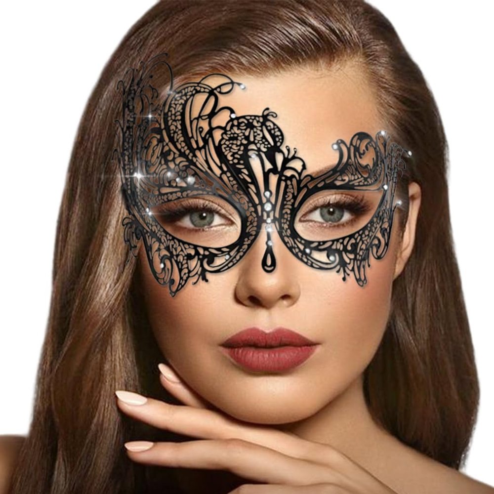 BODIY Laser Cut Metal Masquerade Mask for Women Black Rhinestones Costume Masks Mardi Gras Venetian Half Mask Halloween Party Cosplay Carnival