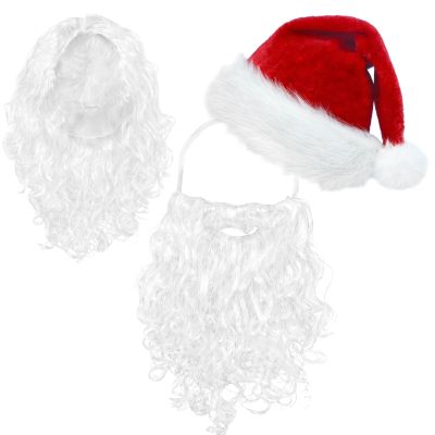 ROSAUI Santa Hat, Beard & Wig Set for Adults Premium Santa Claus Costume Accessories Soft Elastic Strap Beard Classic Red Hat Fluffy White Wig Perfect for Christmas Parties & Holiday Fun