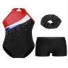 XUNZOO Kids Girls Ballet Dance Outfits Shiny Sleeveless Gymnastic Leotard with Athletic Shorts Hair Band Tracksuit Black&Red 14 Years view 1