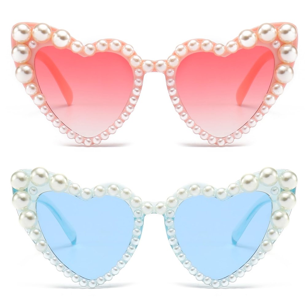 LJCZKA Luxury Love Pearl Sunglasses Women Heart Shaped Cat Eye Sun Glasses Party Festival Shimmering Bling Eyewear (PinkGraPink+ClearBlueBlue)