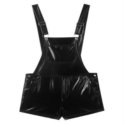 winying Mens Shiny Metallic Wide Shoulder Straps Bib Overall Suspender Shorts Halloween Cosplay Costume Black Large