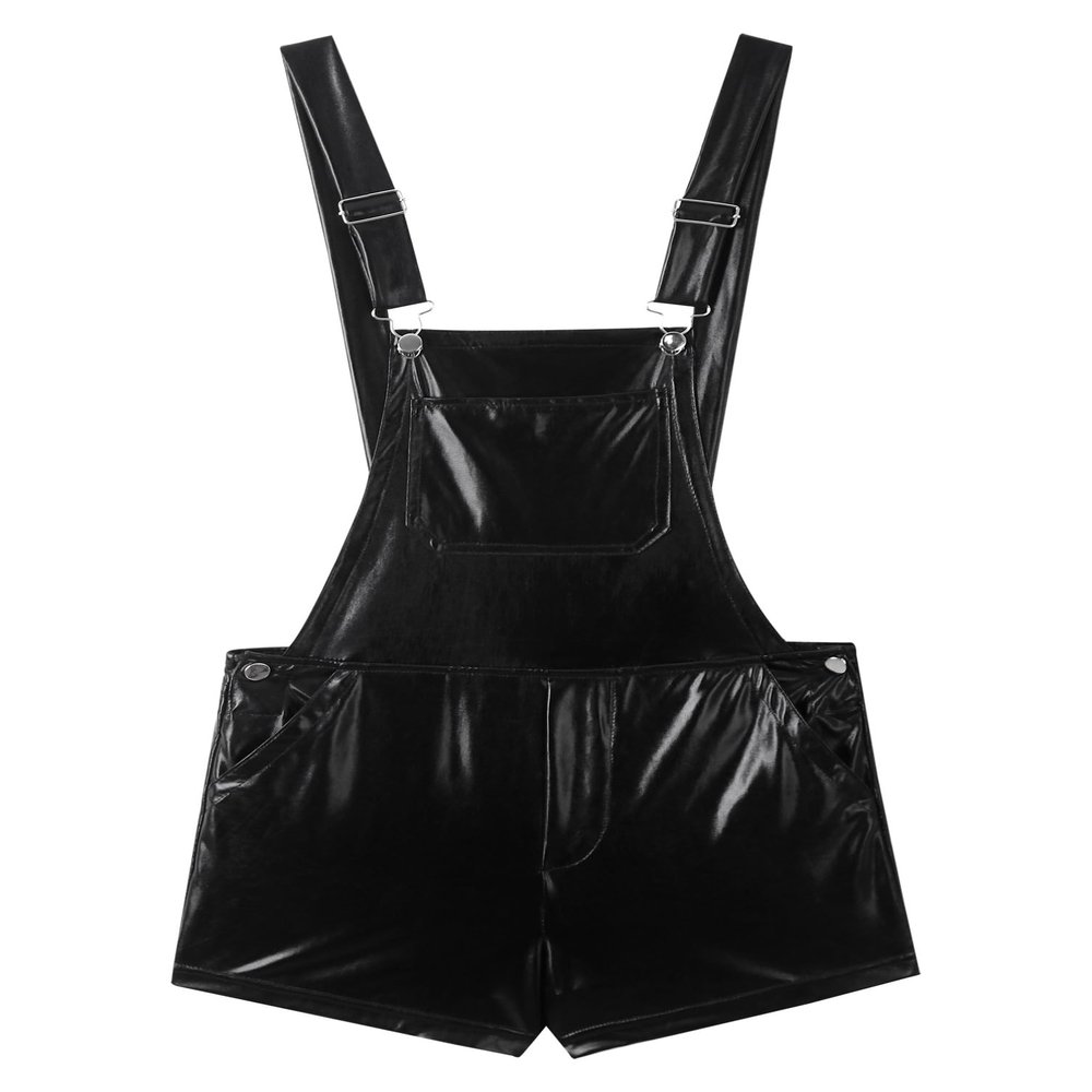 winying Mens Shiny Metallic Wide Shoulder Straps Bib Overall Suspender Shorts Halloween Cosplay Costume Black Large