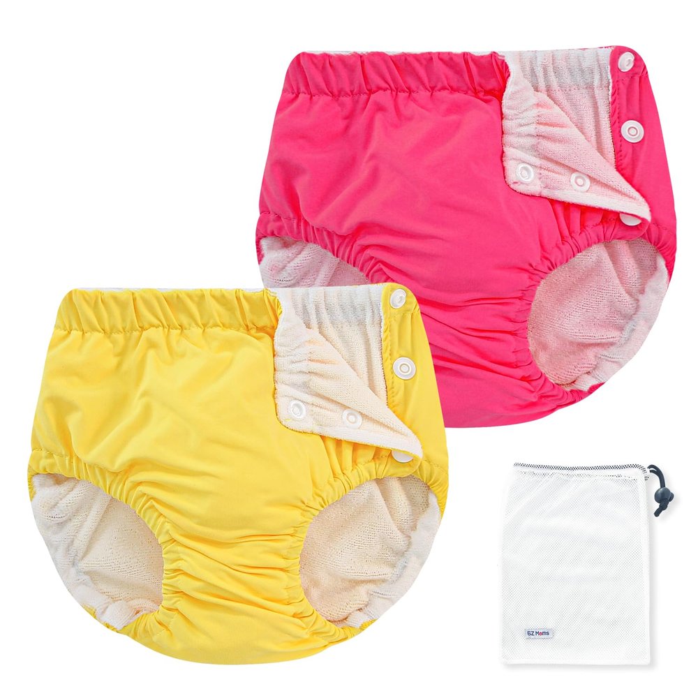 EZ Moms 2 Packs Reusable Swim Diapers Toddler Baby Swim Diaper Size 4 Washable Snap Pool Swimming Diaper 4T Soft and Silky Waterproof Diapers for Swimming Lessons Boys and Girls with a Laundry Bag