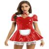 Hedmy Women's Wet Look PVC Leather French Maid Costume Outfits Sexy Mini Dress Apron Fancy Dress Red Medium view 1