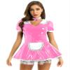 Loloda Women's Short Sleeve French Latex Maid Dress Cosplay Costume Clubwear Dress with Apron Pink Large view 1