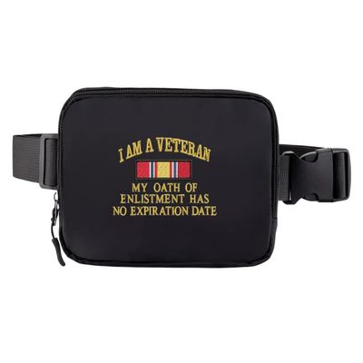 Belt Bag I Am A Veteran Crossbody Bags Oath Of Enlistment Embroidered Waist Packs With 3 Pockets (Black)