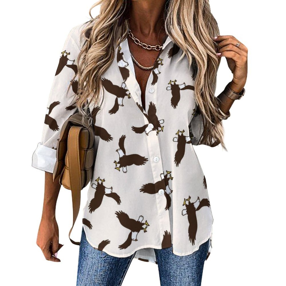 Bald Eagle Pattern Women's Shirts Button Down Long Sleeve Blouses Casual T-Shirt Tee Top XL