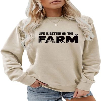ESIKAH Life Is Better On The Farm Sweatshirt Farm Life Shirt Country Girl Tees Women Crewneck Pullover Tops Funny Farmer Gift Beige