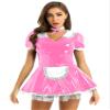 ACSUSS Women's Wet Look PVC Leather French Maid Cosplay Costume Mini Tulle Dress Apron Fancy Dress Pink Medium view 1