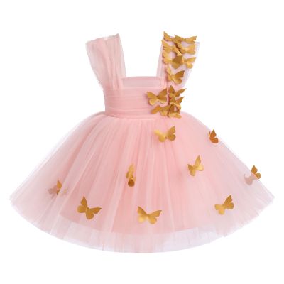 3D Butterfly Baby Dress - Gold Tulle Princess Tutu for Toddler Girls' Birthday - Pink Summer Embroidery Dress 3-4 Years