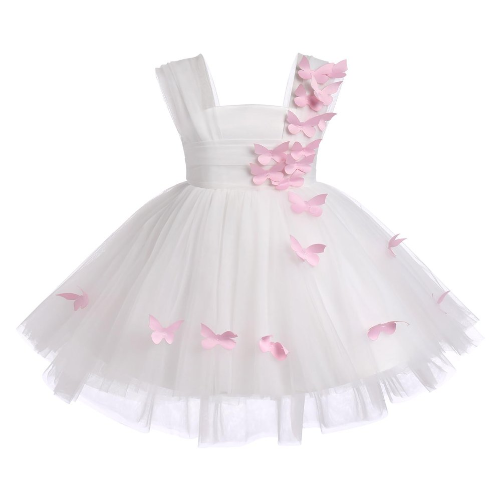 3D Butterfly Baby Dress Toddler White Butterfly Tulle Dress Baby Butterfly Birthday Girl Dress Baby Summer Butterfly Embroidery Princess Tutu Dresses White Butterfly 2-3 Years