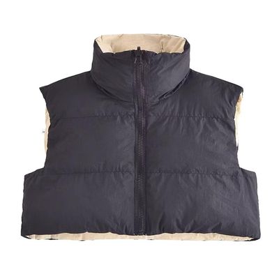 FindThy Women's Crop Puffer Vest Drawstring Full-Zip Reversible Puffy Vest Winter Waistcoat(0243-03Black-XS-LB)