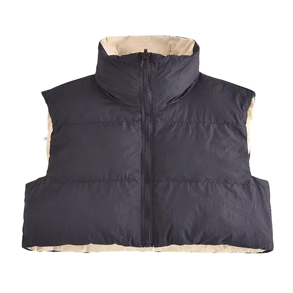 FindThy Women's Crop Puffer Vest Drawstring Full-Zip Reversible Puffy Vest Winter Waistcoat(0243-03Black-XS-LB)