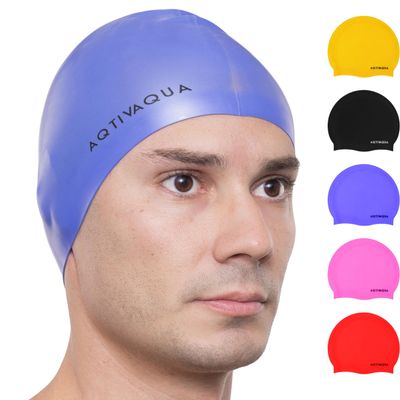 AqtivAqua Swim Cap for Women Swimming Cap for Men Adult Kids 6-14 Girls Boys Youth Hat Silicone Waterproof (Blue Color, Adult Size)
