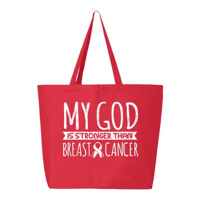 Veracco My God Stronger Than Breast Cancer Jumbo Heavy Cotton Canvas Reusable Tote Bag with Zipper Survivor Awareness Items (Red, 10oz)