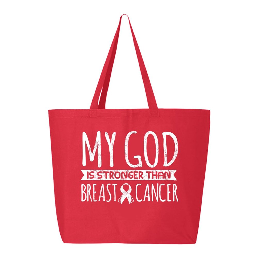 Veracco My God Stronger Than Breast Cancer Jumbo Heavy Cotton Canvas Reusable Tote Bag with Zipper Survivor Awareness Items (Red, 10oz)