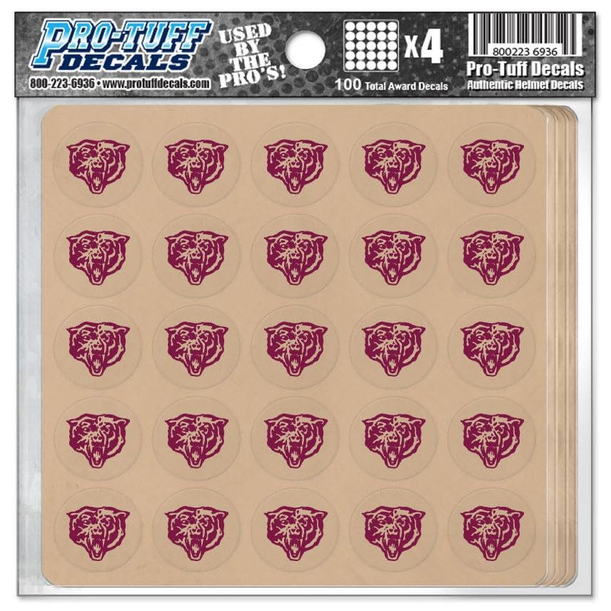 Bear Award Decals Thick mil Vinyl 1-1/8" Diameter (100 Decals) Professional-Grade Football Hockey Baseball Softball Lacrosse (Maroon on Clear)