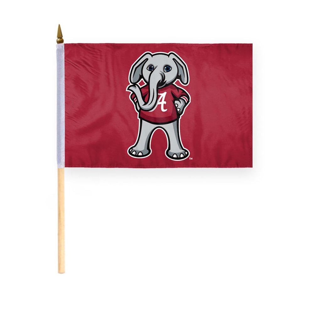 AGAS Small Alabama University Crimson Tide Big AL Mascot Stick Flags - 6x9 inch Single-Layered Printed Polyester Fabric - 17" Wood Pole - Small 6"x9" Alabama UA Crimson Tide Stick Flag