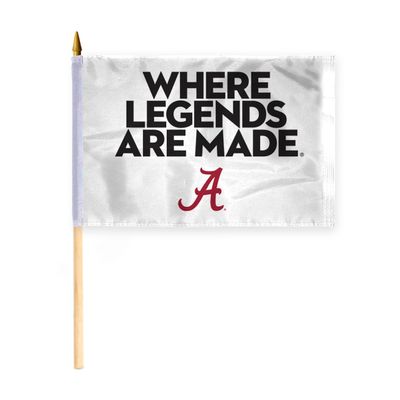 AGAS Alabama UA Crimson Tide Where Legends Are Made Flag - Stick Flag - Handheld - 12in x18 in - Single-Layer Printed 200 Denier Nylon - 24" Extra-heavy Natural Wooden Dowel