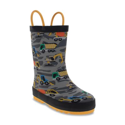 Western Chief Boys Waterproof Printed Rain Boot with Easy Pull on Handles - Construction, 9 M US Toddler