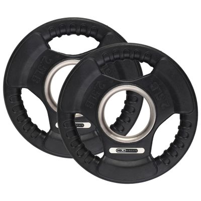 HolaHatha 2-Pack Olympic Rubber Coated Weight Plates  Cast Iron Strength Training Discs with Tri-Grip Handles Stainless Steel Inserts and 1.97-Inch Center Hole for Home Gym Workouts
